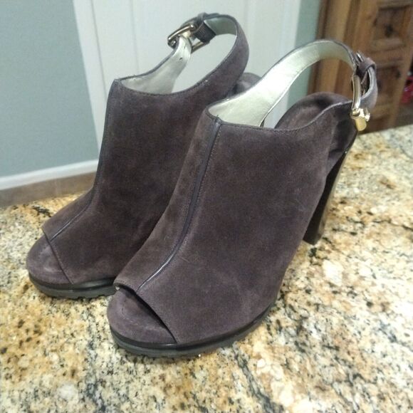 Michael Kors Chunky High Heels Brown Suede Leather Buckle Back Mules Womens 8 - Picture 1 of 12